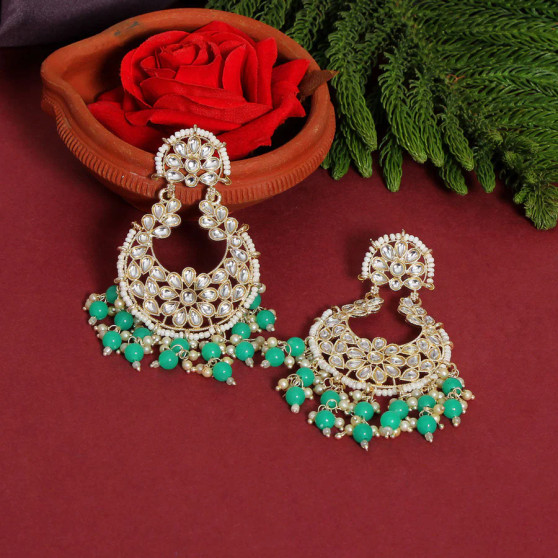 Rama Green Color Kundan Dangle Earrings