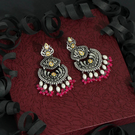 Rani Color Stone Oxidised Dual Tone Earrings