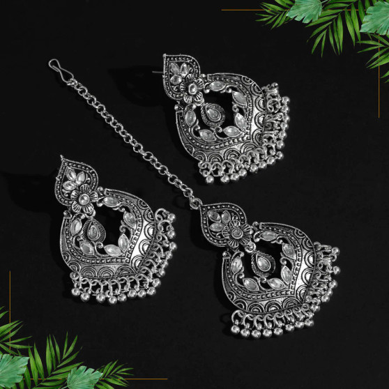 Silver Color Leaf Shaped Oxidised Earrings Tikka Set