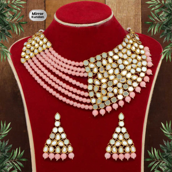 "Peach Color Mirror Kundan Necklace Set for Indian weddings"
"Handcrafted Kundan necklace with mirror work for bridal wear"
