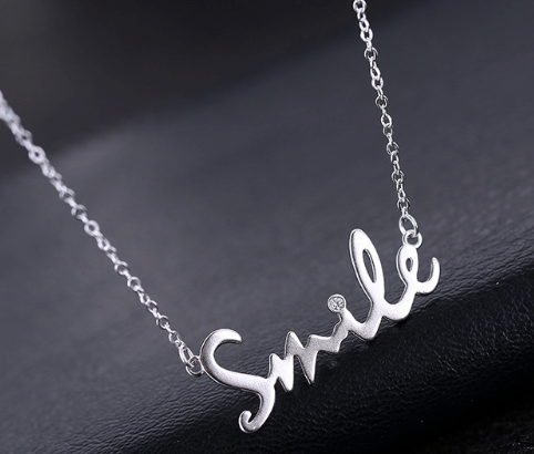 925 Sterling Silver SMILE Cubic Zirconia Women Pendant Necklace Chain
