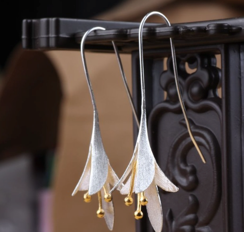 925 Sterling Silver Gold Flower Fashion Dangle Earrings