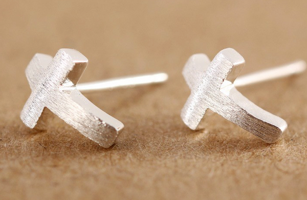 Sterling Silver Curved Cross Shaped Stud Earrings 