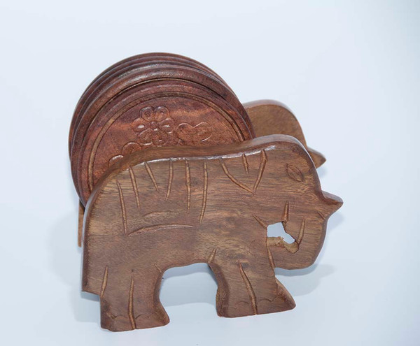 Handcrafted  Wooden Round Coasters With Elephant Cart Holder (6 - Pack)