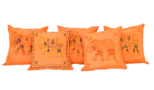 Exotic Kantha Embroidery Elephant Orange Cushion Covers Decorative Pillow Case