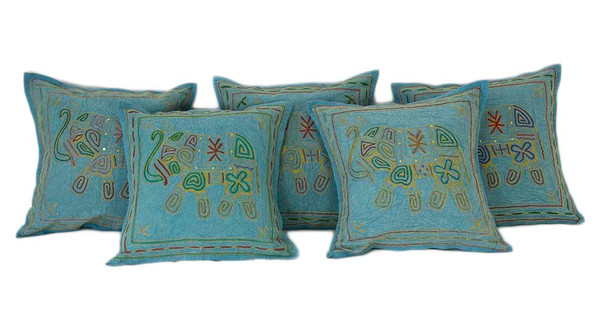 Exotic Kantha Embroidery Elephant Blue Cushion Covers Decorative Pillow Case