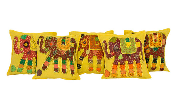 Kantha Patchwork Elephant Yellow Cushion Covers Decorative Pillow Case
