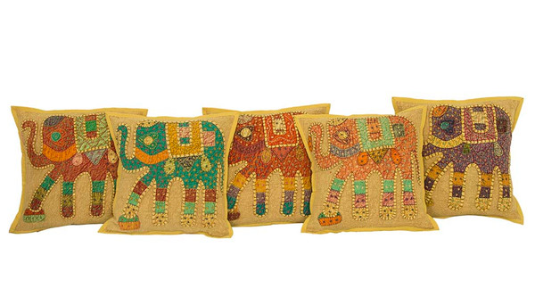 Kantha Patchwork Elephant Mustard Cushion Covers Decorative Pillow Case
