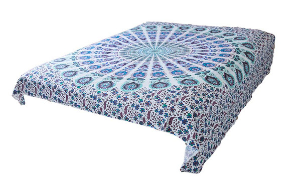 White Blue Psychedelic Mandala Tapestry Bohemian Wall Hanging Throw Dorm Decor