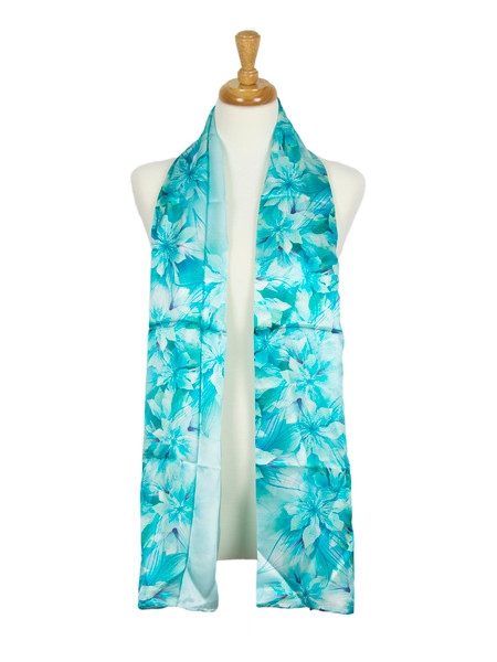 AamiraA Blue Floral Soft Mulberry Satin Silk Stole Women Long Scarf
