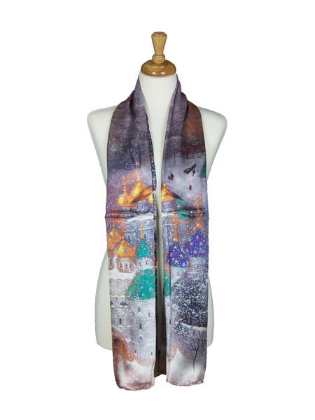 AamiraA Snowfall Night Scene Soft Mulberry Satin Silk Stole Women Long Scarf 
