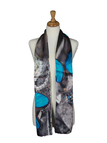 AamiraA Blue Butterfly Treasure Soft Mulberry Satin Silk Stole Women Long Scarf