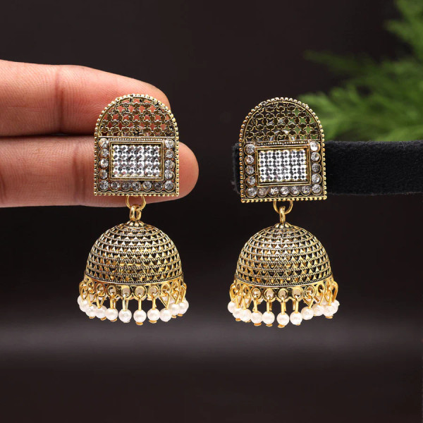 Cage Gold Oxidised Jhumka Earrings