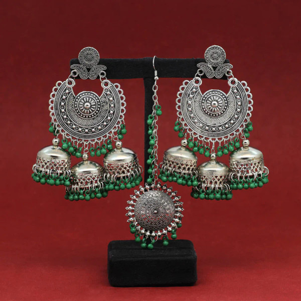 Green Oxidised Earrings Tikka Set