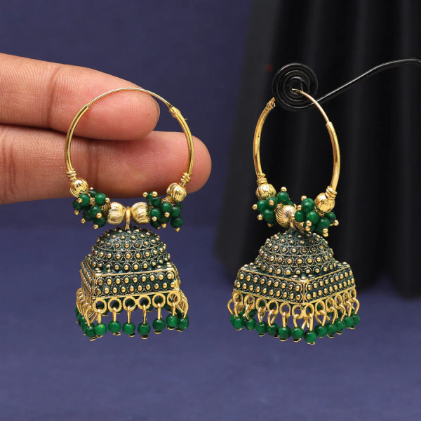 Green Ring Style Gold Plated Oxidised Meena Jhumka