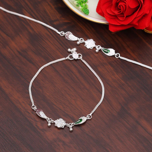 Silver Color Meena Work Anklets