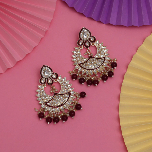 Maroon Color Kundan Meena Earrings