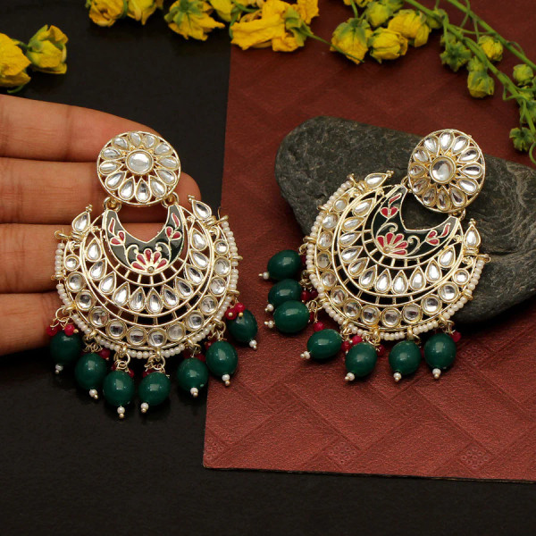 Dark Green Color Kundan Meena Chand Bali Style Earrings