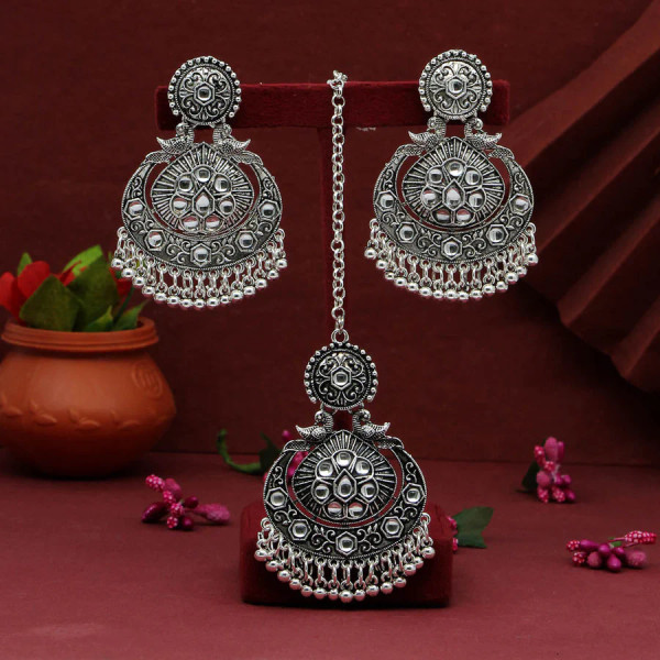 Silver Color Peacock Design Oxidised Earrings Tikka Set.