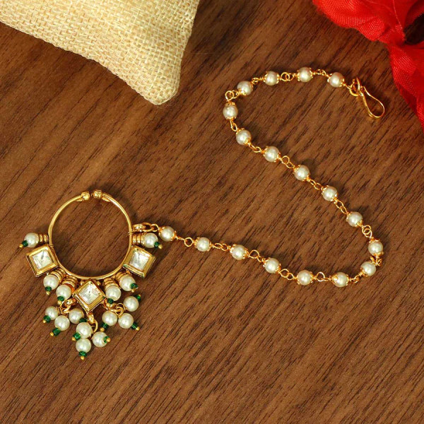 Green Color Kundan Nose Clip On Nath