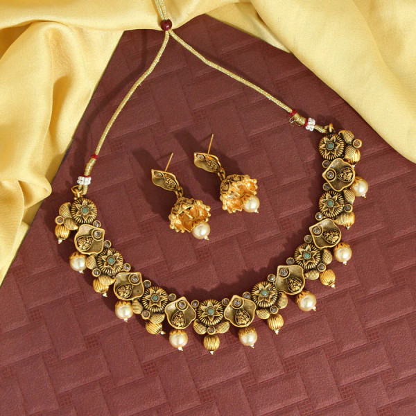 Green Color Matte Gold Temple Necklace Set