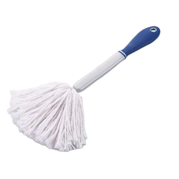 A small cleaning mop, suitable for laboratory glassware but probably fine for use on dishes. It has a white fluffy head made of thick cotton strands, and a plastic handle that is white near the mop head to blue where it bulges a little at the end perhaps to make it easier to hold. There is a small hole in the end of the handle, presumably so you can tie in some string or cord and hang up your mop to keep things tidy. The background of the photo is white, with no shadows cast by the mop.