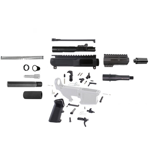 NSPEC AR-9 4.5" 9mm pistol build kit with billet upper, handguard, BCG, buffer tube kit, and lower parts kit