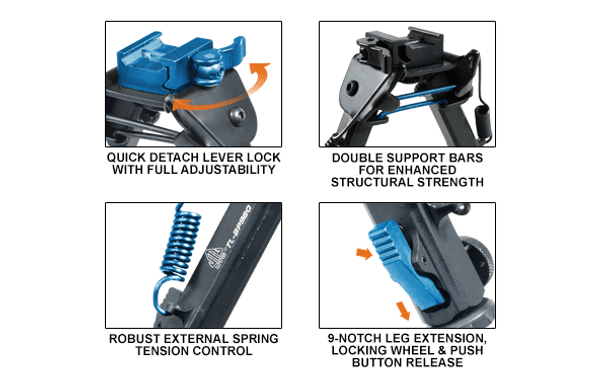 UTG Super Duty Bipod w/QD Lever Mount/Cent Ht 8.0"-12.8"