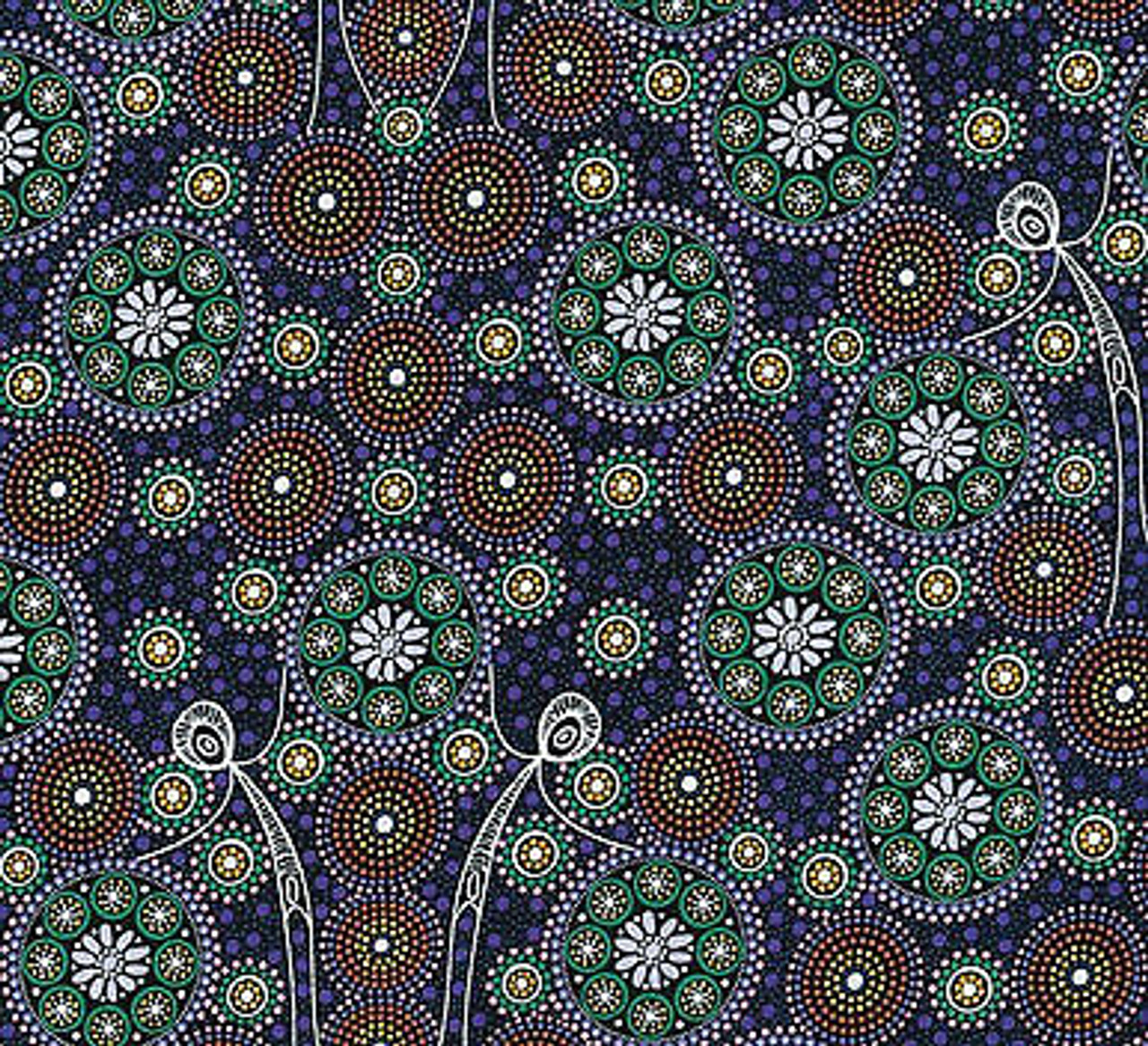 Australian Aboriginal quilting cotton Black M and S Textiles Flowers In The Desert