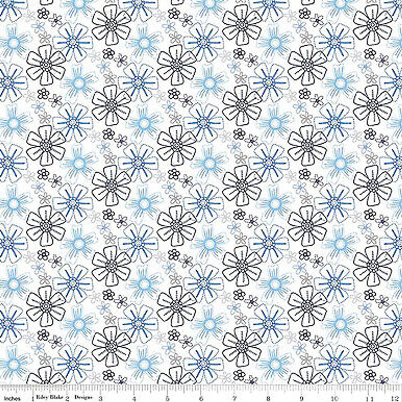 White Floral Blue Stitch Collection Cotton Fabric by Riley Blake Designs