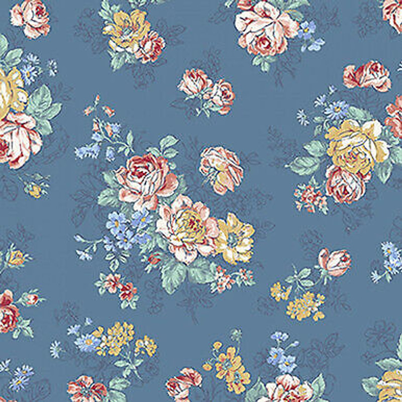 Dk Blue Blooming Rose Sm Bouquet Cotton Fabric by Quilt Gate