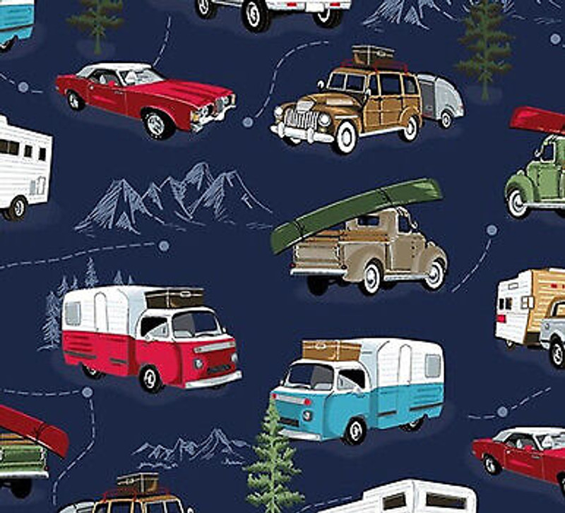 American Road Trip Blue Campers   Novelty Fabric Blue Cotton Fabric