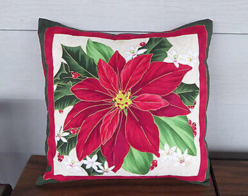 Poinsettia Pillow Cover 18 in Cotton Fabric  Handmade by Sue