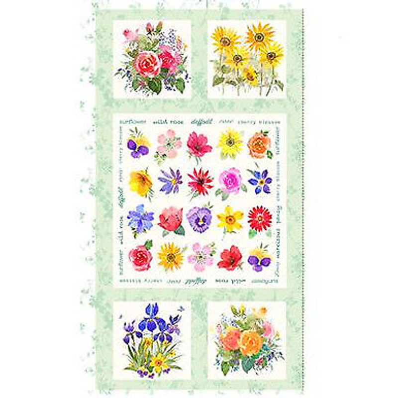 Flower Shop Floral Panel Mint Green 24x44 inch Cotton Fabric Clothworks