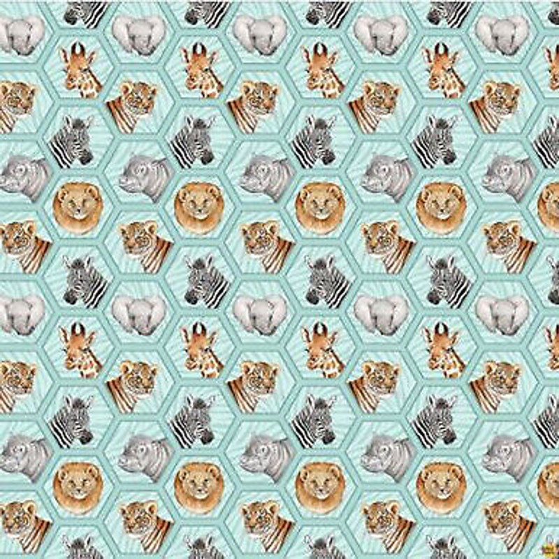 Baby Safari Hexi Animals Turquoise Children's Cotton Fabric by Northcott