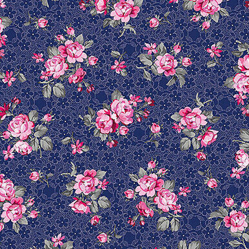 Promise Me Small Rose Bouquets on Blue Cotton Fabric Benartex BTY
