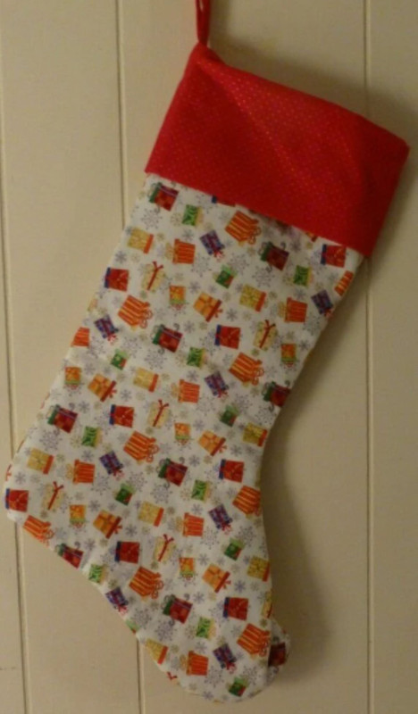 Christmas Stocking Double Lined Cotton Presents All Around with Snowflakes
