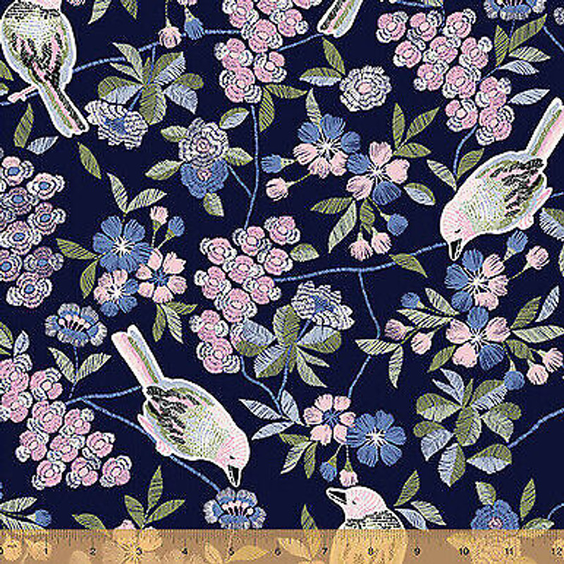 Serenade - Navy Bird Song - Dark Blue Cotton Fabric by Windham Fabrics