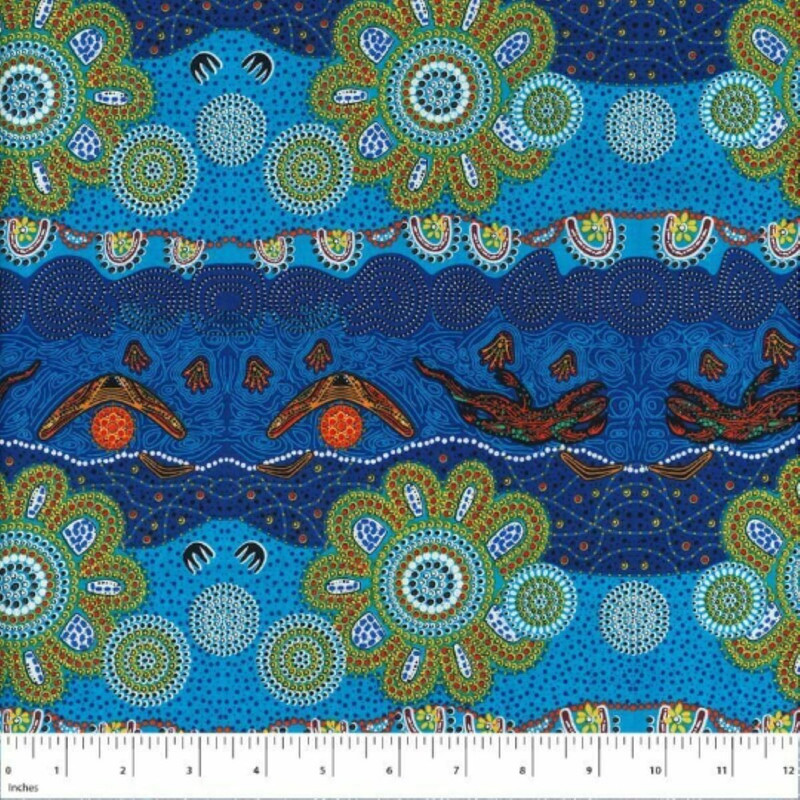 Home Country Blue Australian Aboriginal  Cotton Fabric by M S Textiles