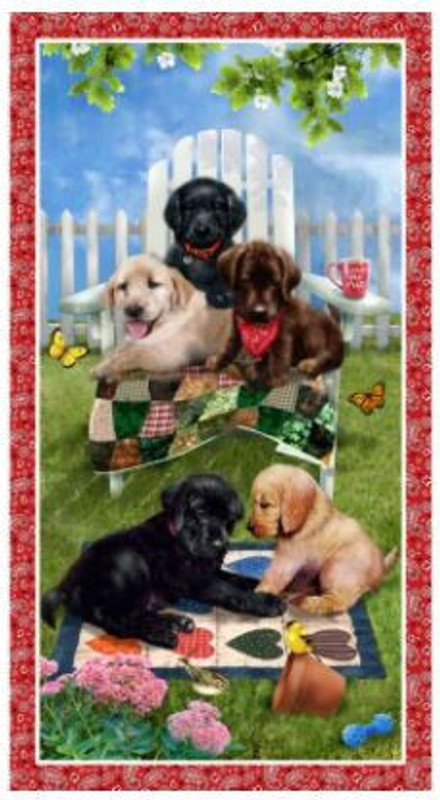 Pups in the Garden Banner 23 x 44 Panel  Cotton Fabric by Henry Glass