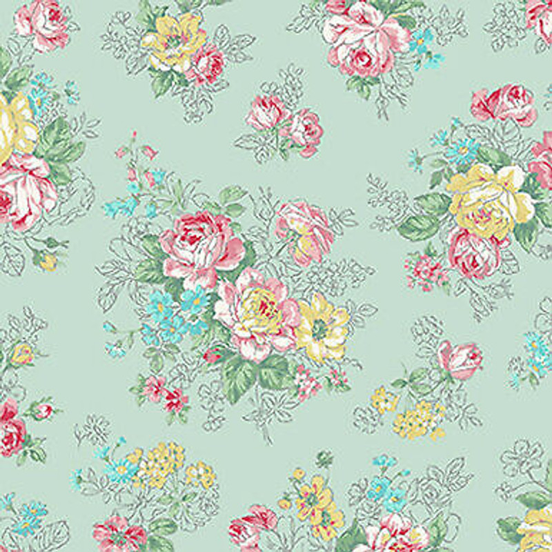 Green Blooming Rose Sm Bouquet Cotton Fabric by Quilt Gate