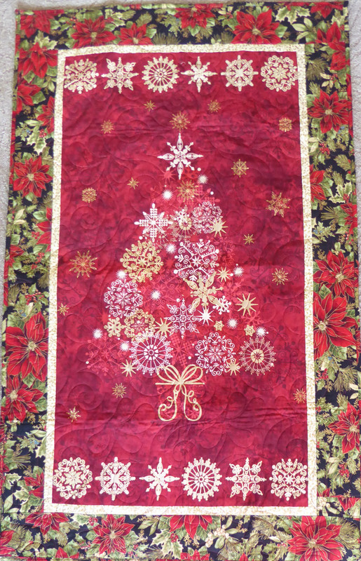 Christmas Tree Gold on Red Quilted Wall Hanging 28x66 Handmade and Quilted