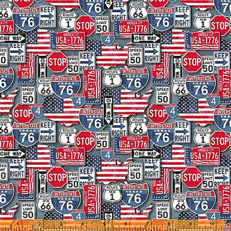 American Road Trip Red Signs - Novelty Fabric - Red Cotton Fabric