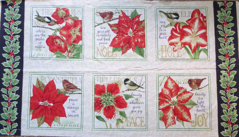Poinsettia and Birds Panel White 27 x 44 Christmas Cotton Fabric 723098084584
