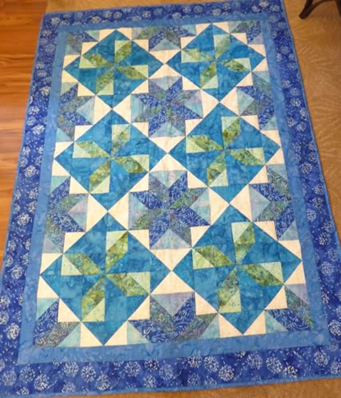 Handmade Blue and Green Batik Cotton Quilt, 48 x 64 inches Lap Quilt