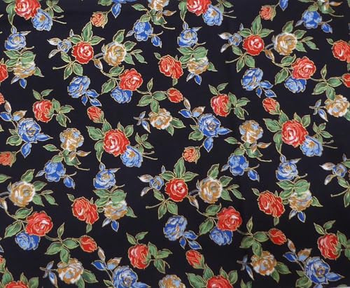 Vintage Red Blue Gold Roses on Black Floral Cotton Fabric by The Yard