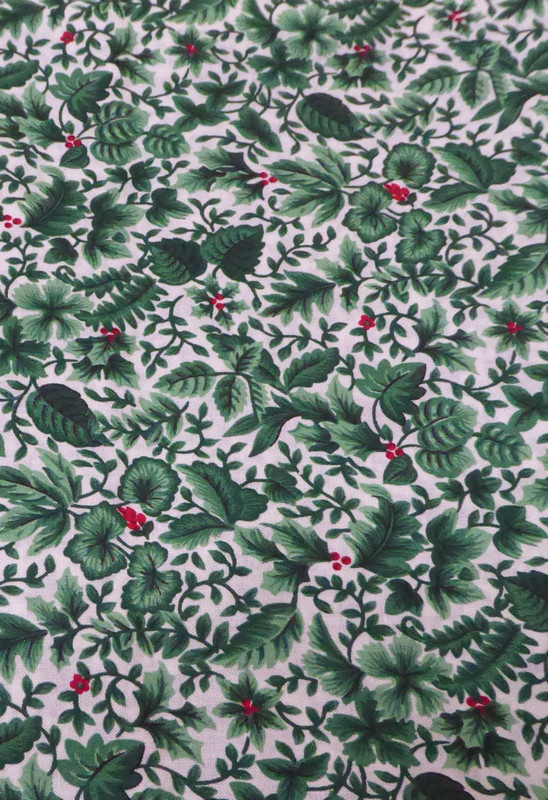 Christmas Green Holly and Berries on White Cotton Fabric Sold by the Yard