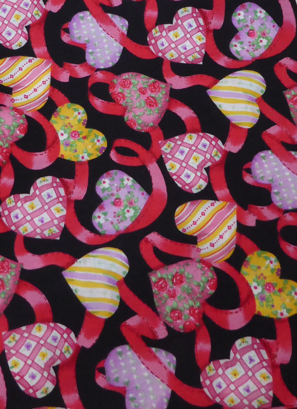VintageValentine Hearts and Ribbons on Black Cotton Fabric by the yard