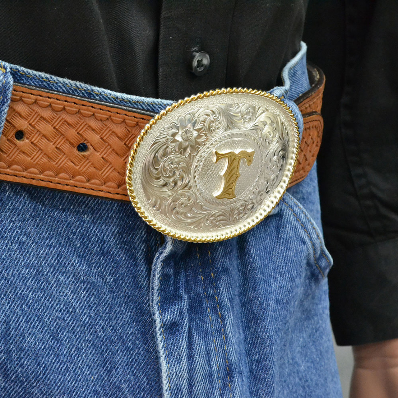 Initial Silver Engraved Gold Trim Western Belt Buckle by Montana  Silversmiths