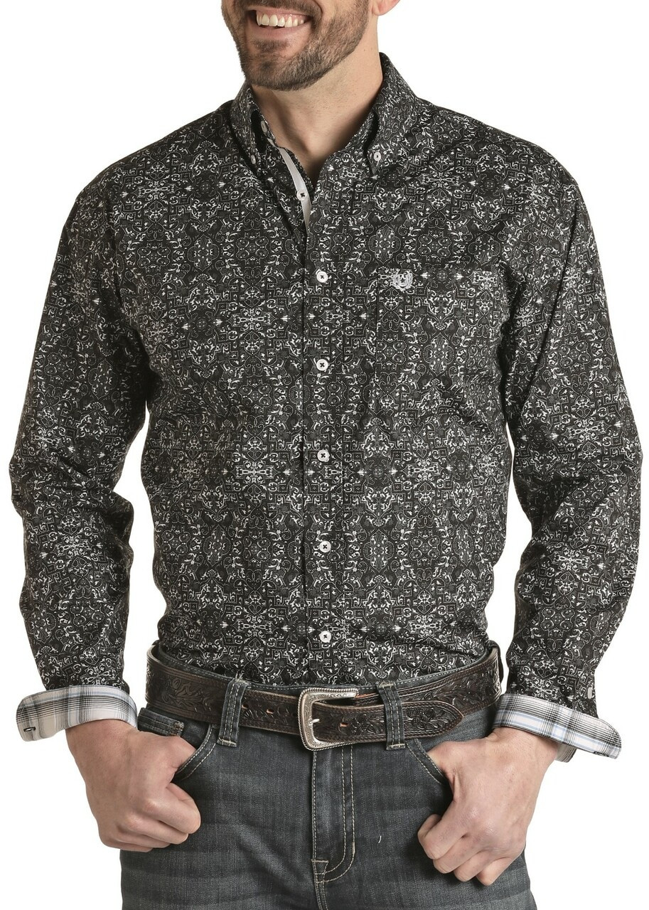 R0S7490 Panhandle Slim Rough Stock Regular Fit Medallion Print Snap Shirt,  Black